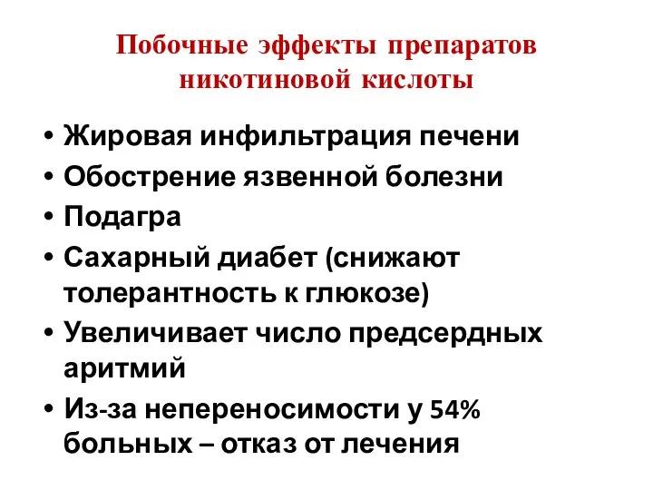 Побочные эффекты препаратов никотиновой кислоты Жировая инфильтрация печени Обострение язвенной болезни Подагра