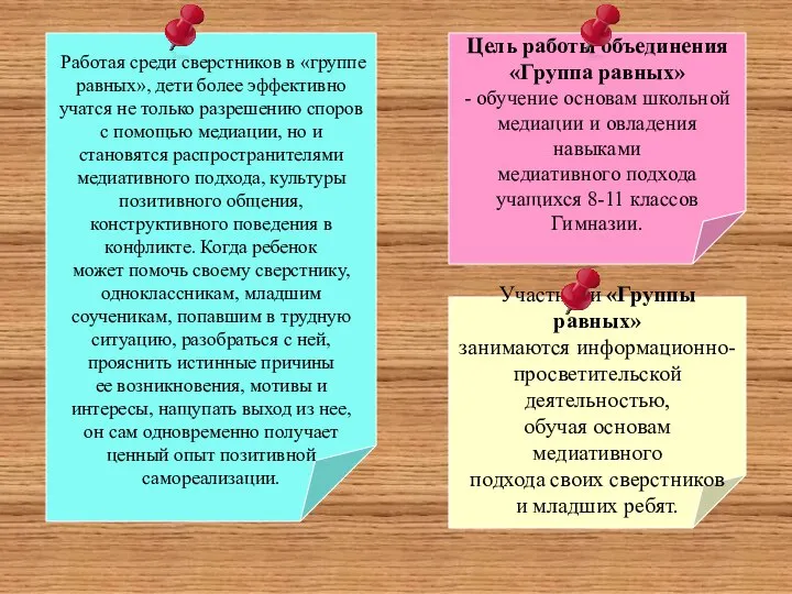 Цель работы объединения «Группа равных» - обучение основам школьной медиации и овладения