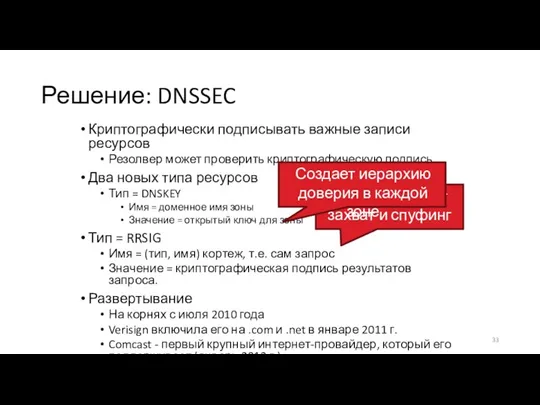 Решение: DNSSEC Криптографически подписывать важные записи ресурсов Резолвер может проверить криптографическую подпись