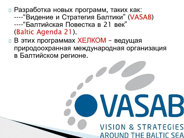 Разработка новых программ, таких как: ----“Видение и Стратегия Балтики” (VASAB) ----“Балтийская Повестка