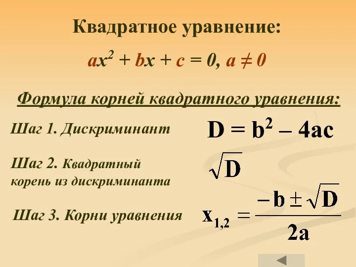 Квадратное уравнение: ax2 + bx + c = 0, a ≠ 0