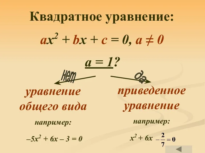 Квадратное уравнение: ax2 + bx + c = 0, a ≠ 0