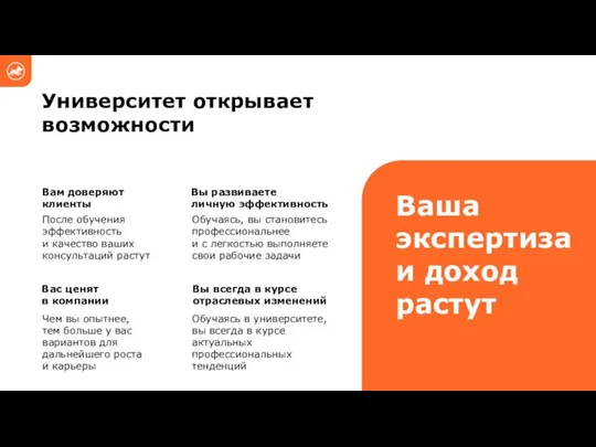 Университет открывает возможности После обучения эффективность и качество ваших консультаций растут Чем