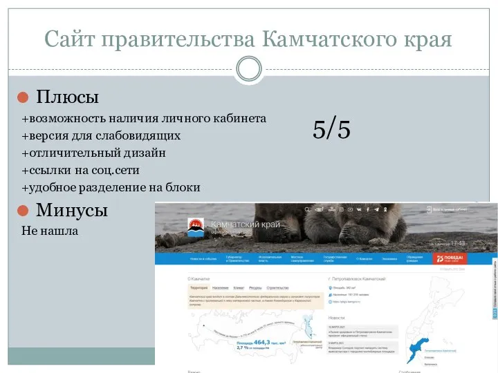 Сайт правительства Камчатского края Плюсы +возможность наличия личного кабинета +версия для слабовидящих