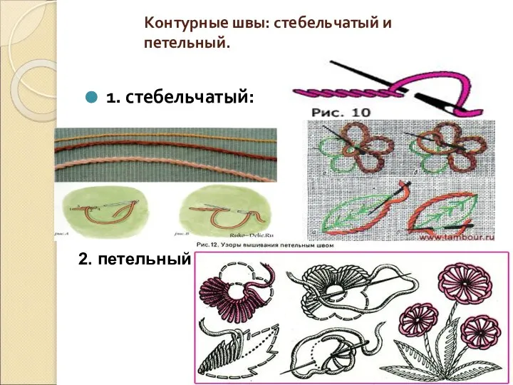 Контурные швы: стебельчатый и петельный. 1. стебельчатый: 2. петельный