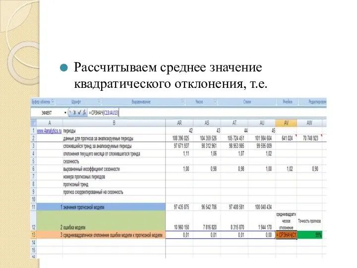 Рассчитываем среднее значение квадратического отклонения, т.е. среднеквадратическое отклонение