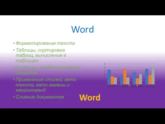 Word Форматирование текста Таблицы, сортировка таблиц, вычисление в таблицах Создание и редактирование