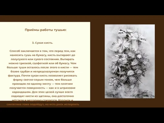 Приёмы работы тушью: 3. Сухая кисть. Способ заключается в том, что перед
