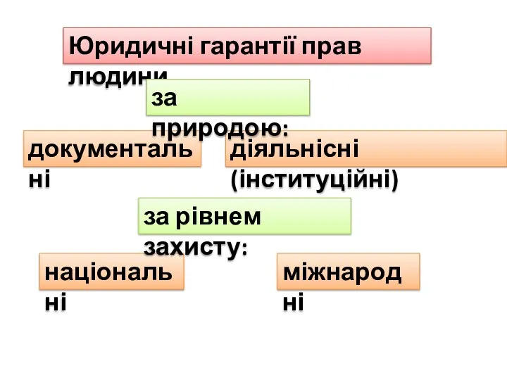 Юридичні гарантії прав людини документальні діяльнісні (інституційні) національні міжнародні за природою: за рівнем захисту: