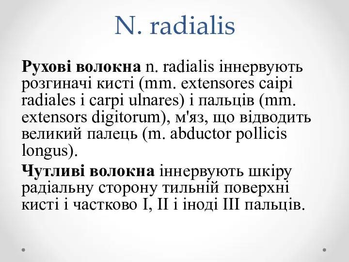 N. radialis Рухові волокна n. radialis іннервують розгиначі кисті (mm. extensores caipi