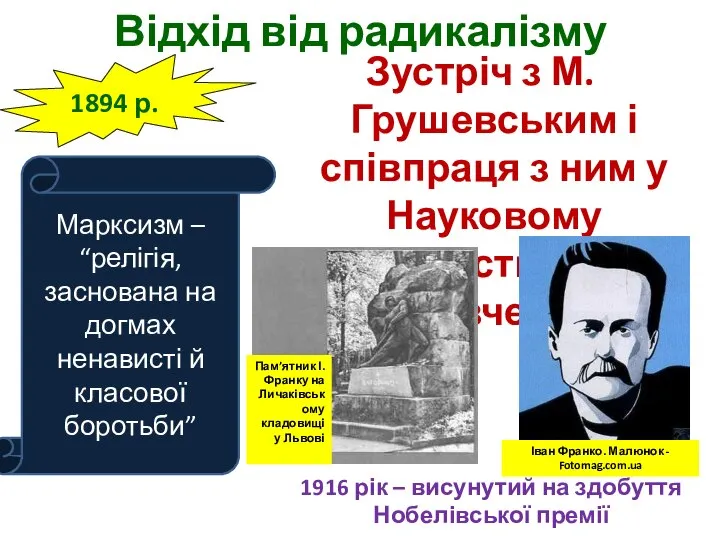 Відхід від радикалізму Зустріч з М.Грушевським і співпраця з ним у Науковому