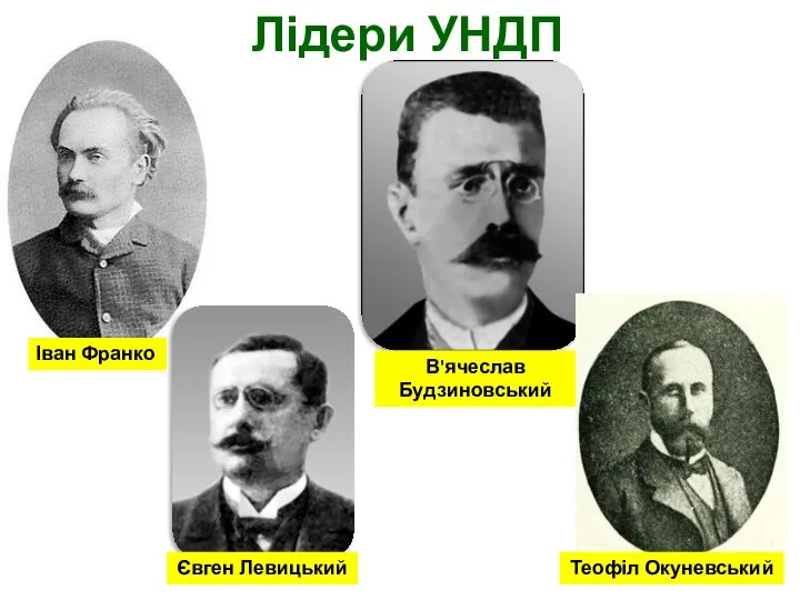 Лідери УНДП Іван Франко В'ячеслав Будзиновський Євген Левицький Теофіл Окуневський