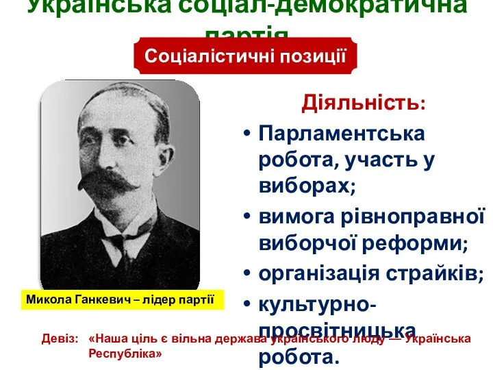 Українська соціал-демократична партія Діяльність: Парламентська робота, участь у виборах; вимога рівноправної виборчої