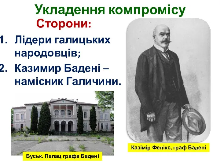 Укладення компромісу Сторони: Лідери галицьких народовців; Казимир Бадені – намісник Галичини. Казімір