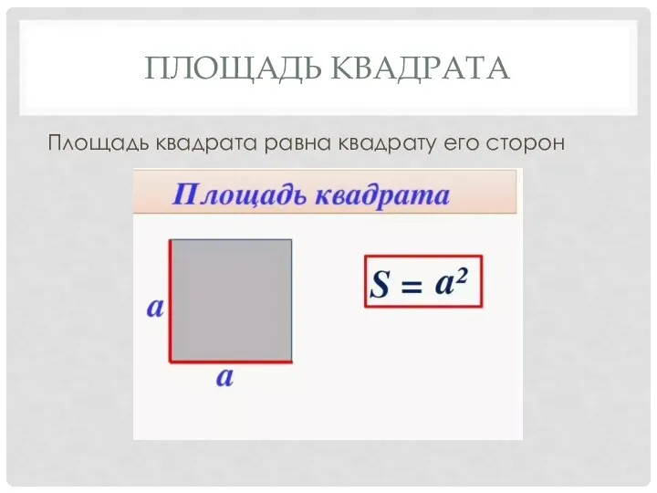 ПЛОЩАДЬ КВАДРАТА Площадь квадрата равна квадрату его сторон