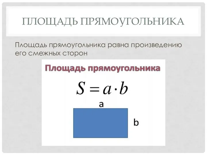 ПЛОЩАДЬ ПРЯМОУГОЛЬНИКА Площадь прямоугольника равна произведению его смежных сторон