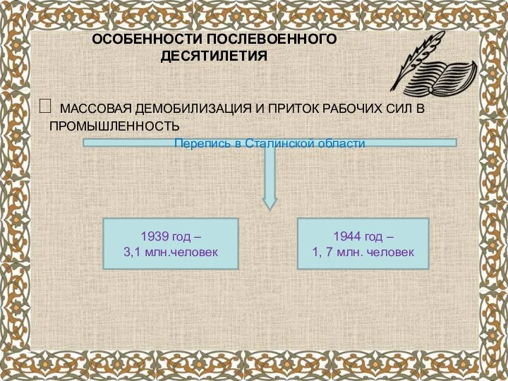 ОСОБЕННОСТИ ПОСЛЕВОЕННОГО ДЕСЯТИЛЕТИЯ ? МАССОВАЯ ДЕМОБИЛИЗАЦИЯ И ПРИТОК РАБОЧИХ СИЛ В ПРОМЫШЛЕННОСТЬ