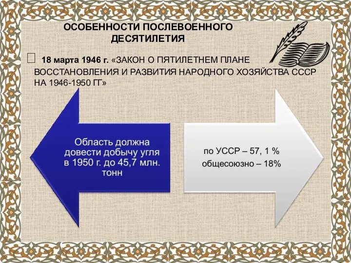 ОСОБЕННОСТИ ПОСЛЕВОЕННОГО ДЕСЯТИЛЕТИЯ ? 18 марта 1946 г. «ЗАКОН О ПЯТИЛЕТНЕМ ПЛАНЕ