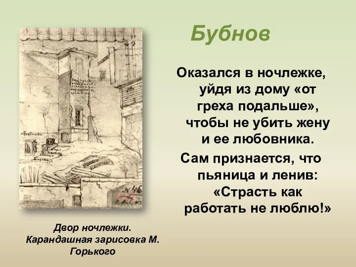 Бубнов Оказался в ночлежке, уйдя из дому «от греха подальше», чтобы не