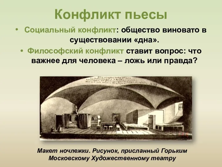 Конфликт пьесы Социальный конфликт: общество виновато в существовании «дна». Философский конфликт ставит