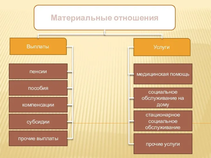 Материальные отношения Выплаты Услуги пособия компенсации субсидии прочие выплаты пенсии медицинская помощь