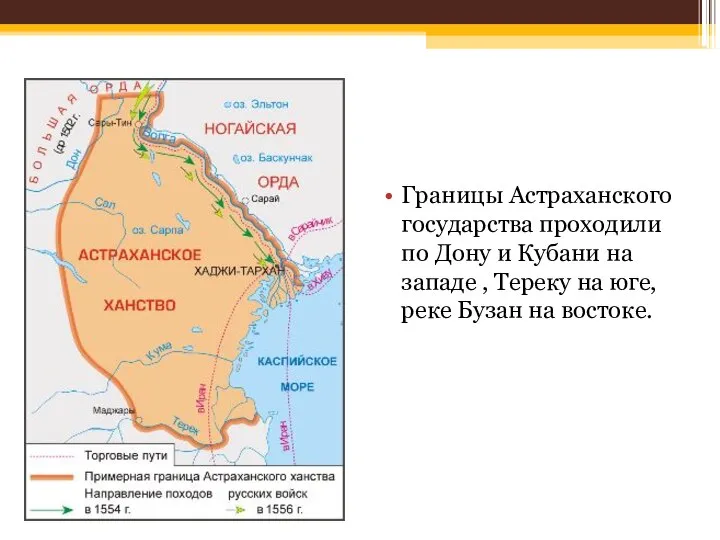 Границы Астраханского государства проходили по Дону и Кубани на западе , Тереку