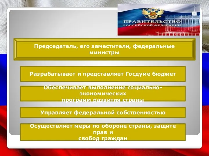 Председатель, его заместители, федеральные министры Разрабатывает и представляет Госдуме бюджет Обеспечивает выполнение