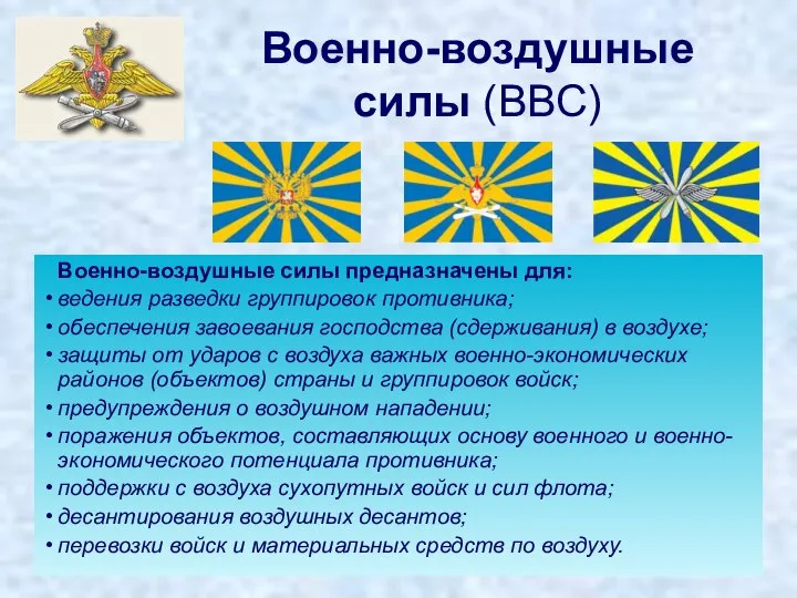 Военно-воздушные силы (ВВС) Военно-воздушные силы предназначены для: ведения разведки группировок противника; обеспечения