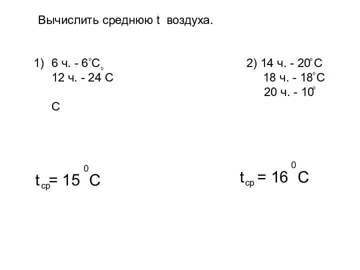 Вычислить среднюю t воздуха. 6 ч. - 6 С 2) 14 ч.