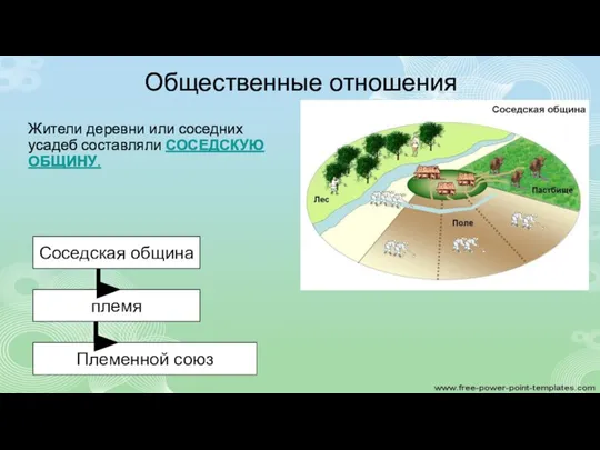 Племенной союз Общественные отношения племя Соседская община Жители деревни или соседних усадеб составляли СОСЕДСКУЮ ОБЩИНУ.