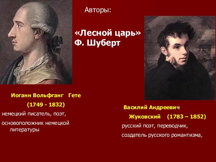 Авторы: Василий Андреевич Жуковский (1783 – 1852) русский поэт, переводчик, создатель русского