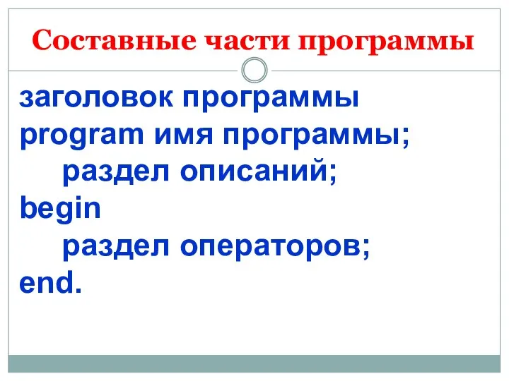 Составные части программы заголовок программы рrogram имя программы; раздел описаний; begin раздел операторов; end.