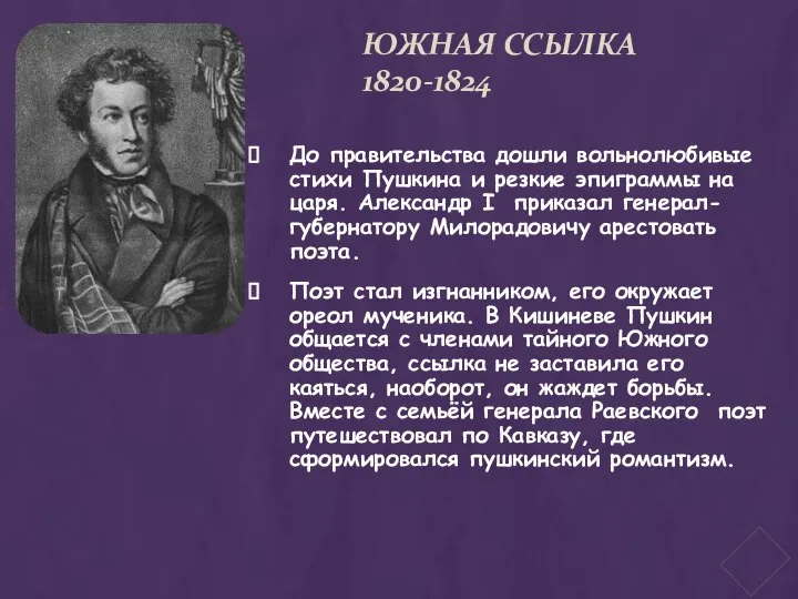 ЮЖНАЯ ССЫЛКА 1820-1824 До правительства дошли вольнолюбивые стихи Пушкина и резкие эпиграммы
