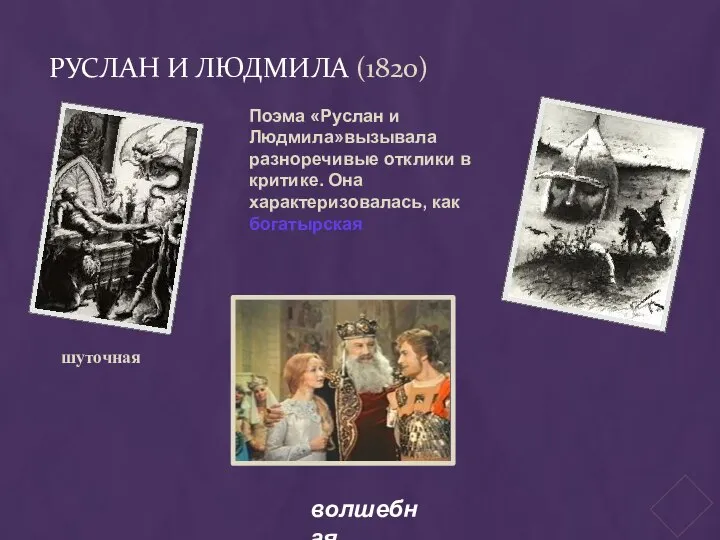РУСЛАН И ЛЮДМИЛА (1820) Поэма «Руслан и Людмила»вызывала разноречивые отклики в критике.