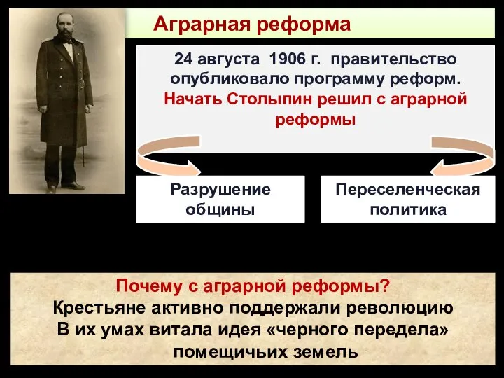 24 августа 1906 г. правительство опубликовало программу реформ. Начать Столыпин решил с