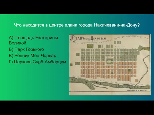 Что находится в центре плана города Нахичевани-на-Дону? А) Площадь Екатерины Великой Б)