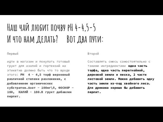 Наш чай любит почву pH 4-4,5-5 И что нам делать? Вот два