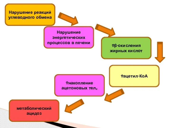 Нарушение реакций углеводного обмена Нарушение энергетических процессов в печени ⇑β-окисления жирных кислот