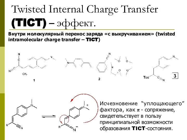 Twisted Internal Charge Transfer (TICT) – эффект. Исчезновение “уплощающего” фактора, как π