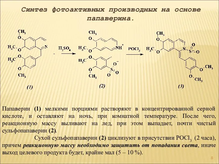 Синтез фотоактивных производных на основе папаверина. Папаверин (1) мелкими порциями растворяют в