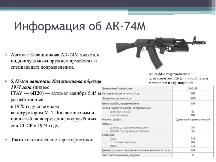 Информация об АК-74М Автомат Калашникова АК-74М является индивидуальным оружием армейских и специальных