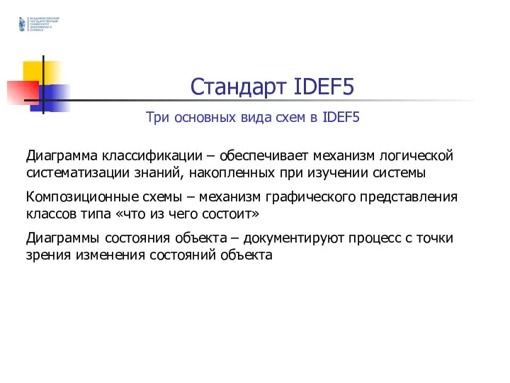 Стандарт IDEF5 Три основных вида схем в IDEF5 Диаграмма классификации – обеспечивает