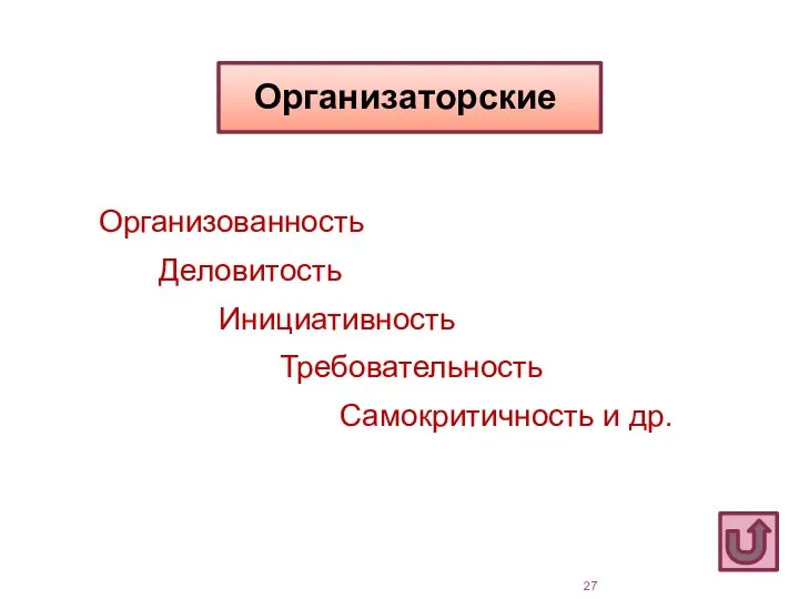 Организованность Деловитость Инициативность Требовательность Самокритичность и др.