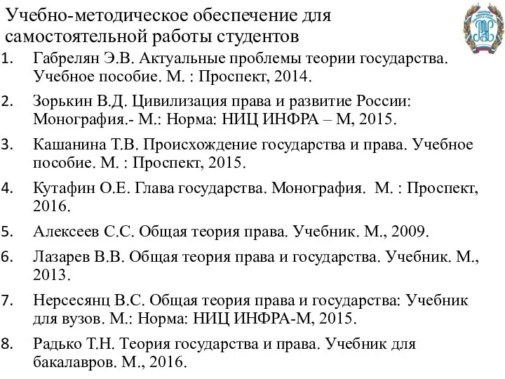 Учебно-методическое обеспечение для самостоятельной работы студентов Габрелян Э.В. Актуальные проблемы теории государства.