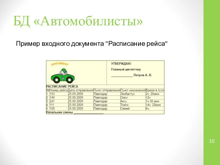 БД «Автомобилисты» Пример входного документа "Расписание рейса"