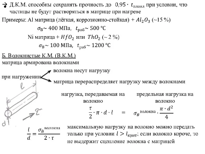 Б. Волокнистые К.М. (В.К.М.) матрица армирована волокнами при нагружении волокна несут нагрузку