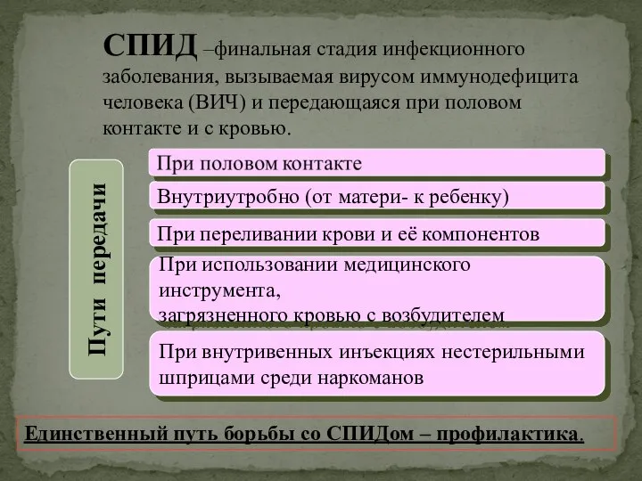 СПИД –финальная стадия инфекционного заболевания, вызываемая вирусом иммунодефицита человека (ВИЧ) и передающаяся