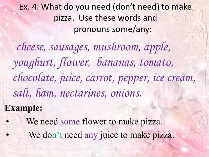 Ex. 4. What do you need (don’t need) to make pizza. Use