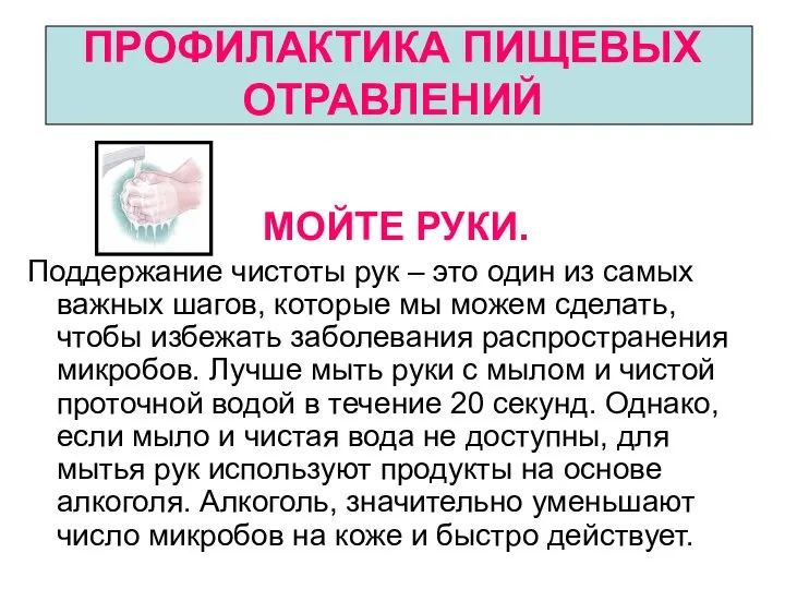 ПРОФИЛАКТИКА ПИЩЕВЫХ ОТРАВЛЕНИЙ МОЙТЕ РУКИ. Поддержание чистоты рук – это один из