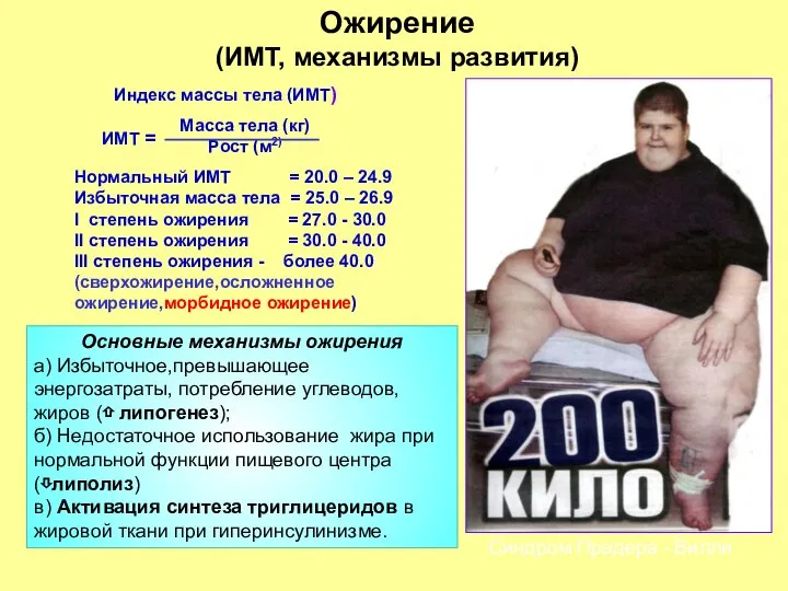 Ожирение (ИМТ, механизмы развития) Нормальный ИМТ = 20.0 – 24.9 Избыточная масса